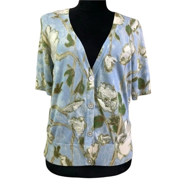 Talbots‎ Woman Petites Floral Beaded Short Sleeve Cardigan Sweater 1XP - Picture 1 of 9
